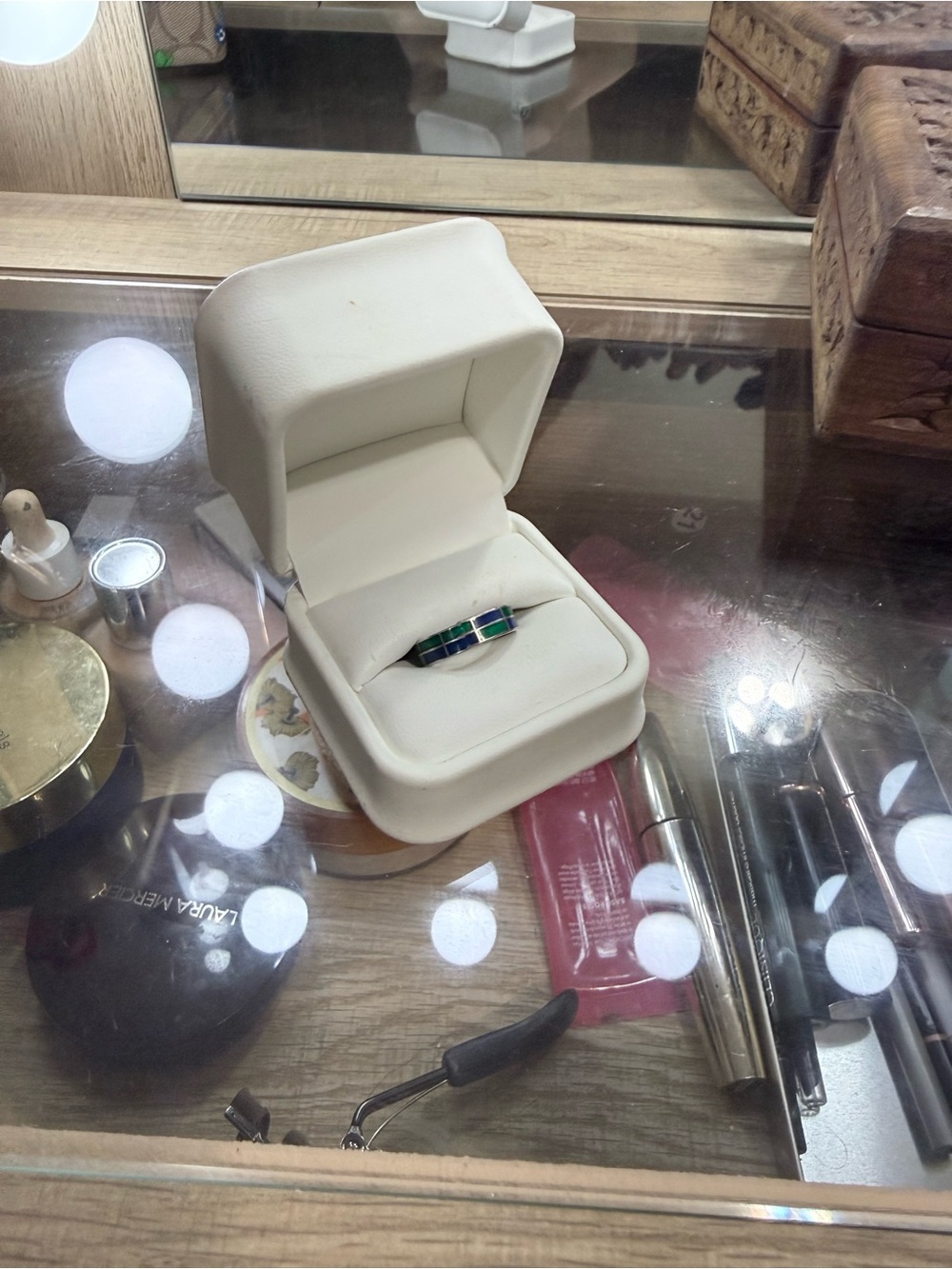Sterling Silver Blue and Green Inlay Band Ring
